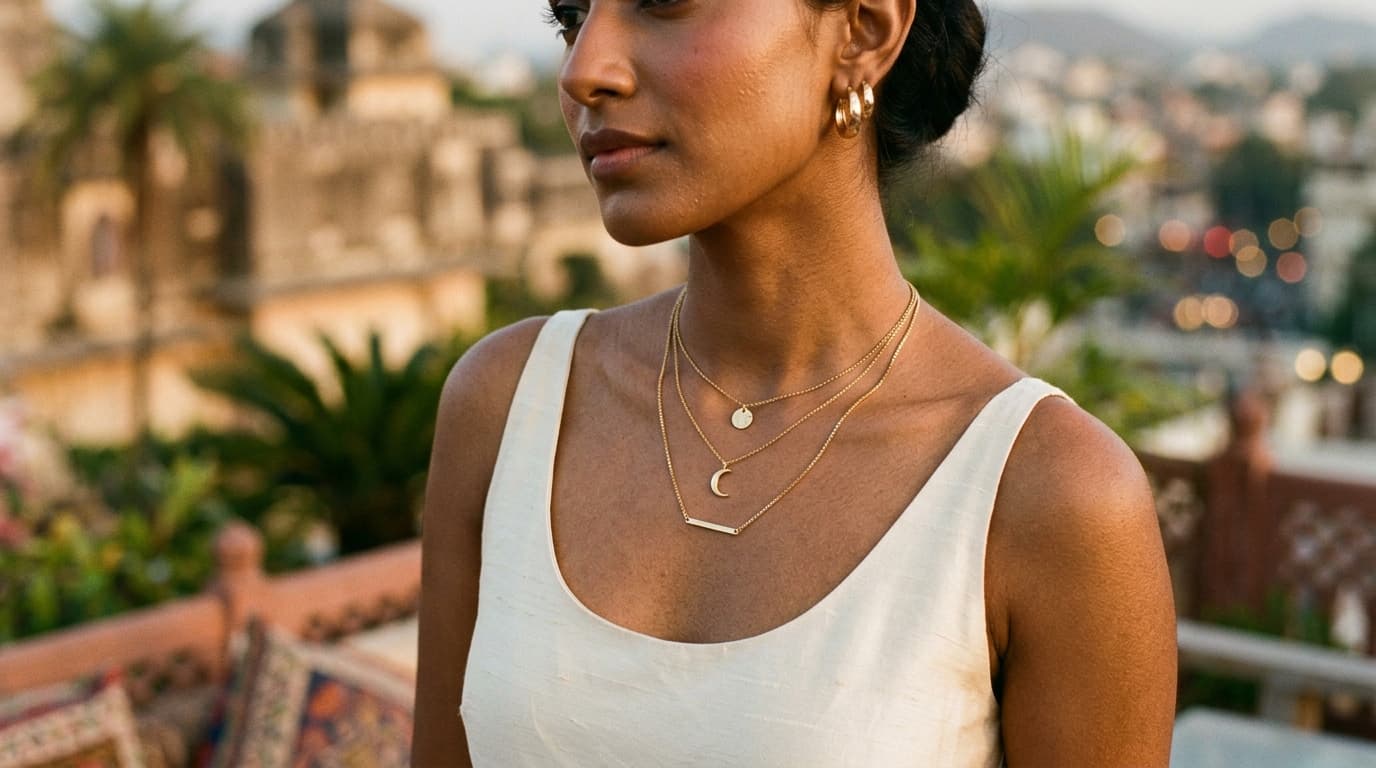 Model wearing gold layered necklaces